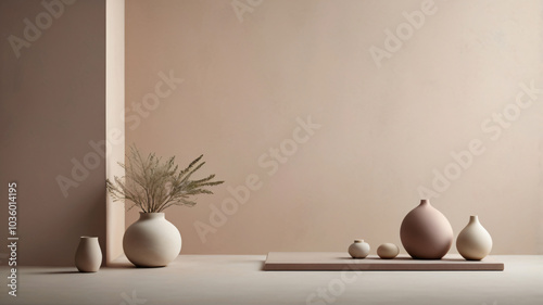 background for beauty products presentation, copy space, pastel beige