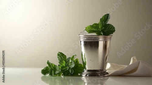 Classic Mint Julep in a silver tumbler, isolated on a light background with decorative cocktail napkin and fresh mint photo