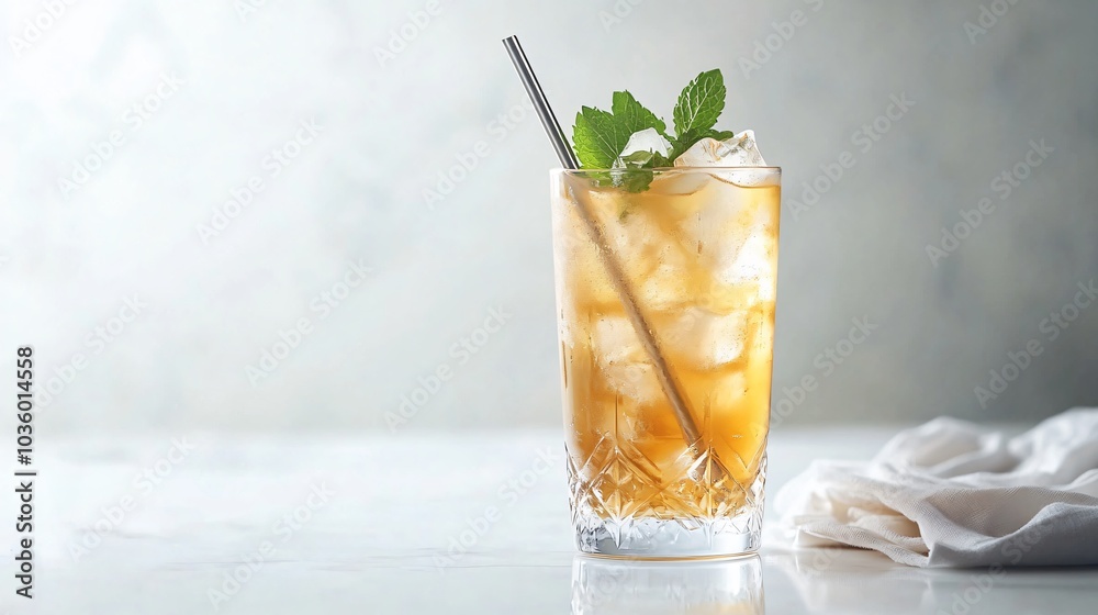 Classic Mint Julep in a tall glass, isolated on a white surface with decorative cocktail napkin and metal straw Classic Mint Julep in a tall glass, isolated on a white surface with decorative cocktail napkin and metal straw