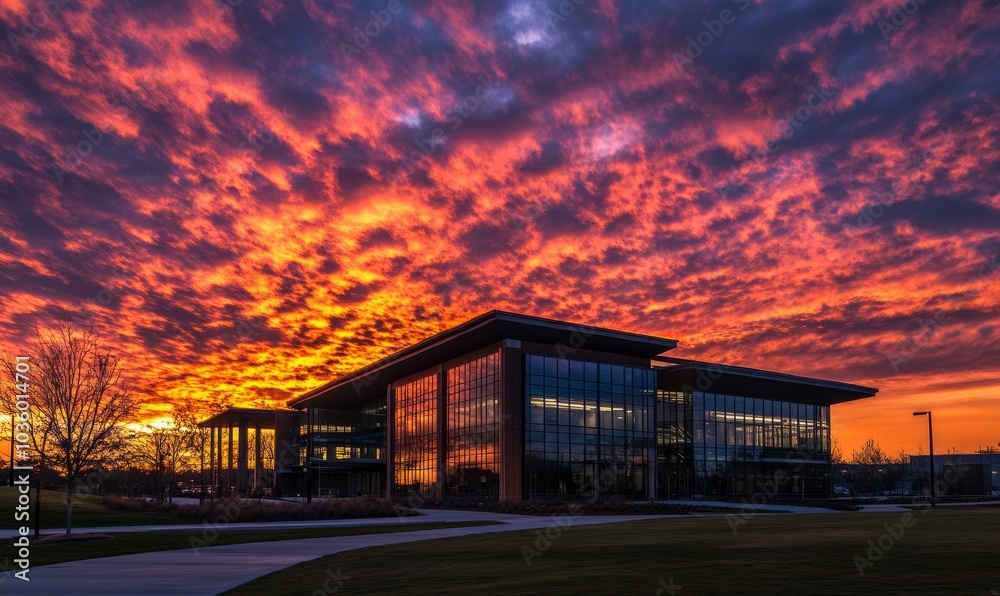 Obraz premium Silhouetted building against vibrant sunset with dynamic clouds