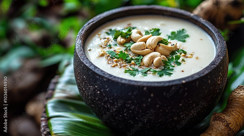Creamy soup topped with nuts and herbs. Creamy soup topped with nuts and herbs.