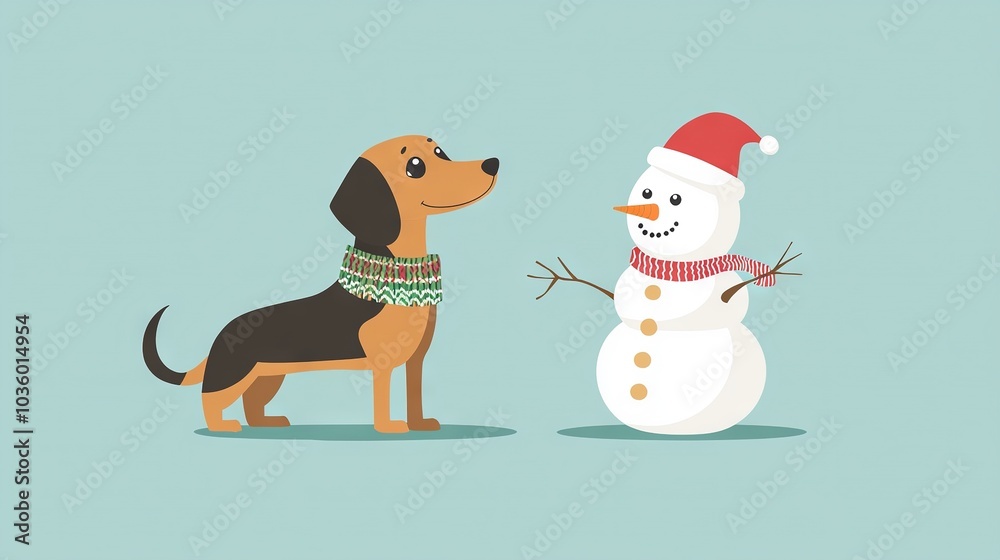 Fototapeta premium A snowman and a dog standing together with a red hat and green scarf