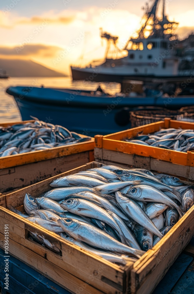 Freshly caught fish in wooden crates at a bustling harbor during sunset.