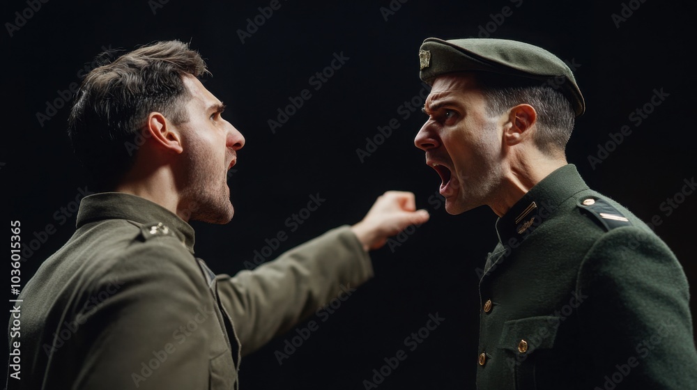 A military officer shouting at a civilian man, pointing towards the battlefront A military officer shouting at a civilian man, pointing towards the battlefront