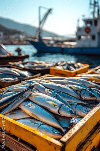 Wallpaper Mural Freshly caught fish displayed in vibrant yellow crates at a busy harbor. Torontodigital.ca