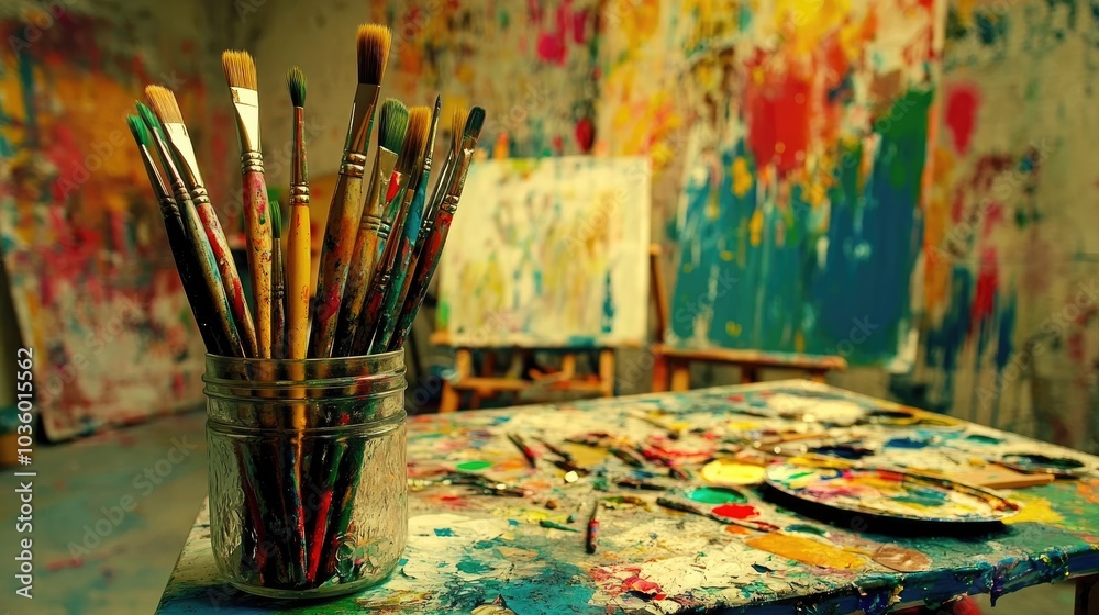 Obraz premium Vibrant Art Studio with Paint Brushes and Colors