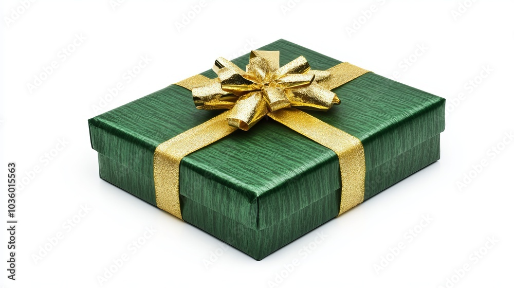 Obraz premium Green Gift Box Wrapped with a Gold Bow and Ribbon Isolated on a White Background – Ideal for Holiday Gifts and Special Occasions.