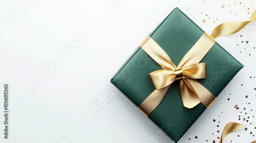 Green Gift Box Wrapped with a Gold Bow and Ribbon Isolated on a White Background – Ideal for Holiday Gifts and Special Occasions.