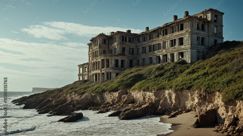 Ruined seaside structure on collapsing cliffs, highlighting coastal building destruction Ruined seaside structure on collapsing cliffs, highlighting coastal building destruction