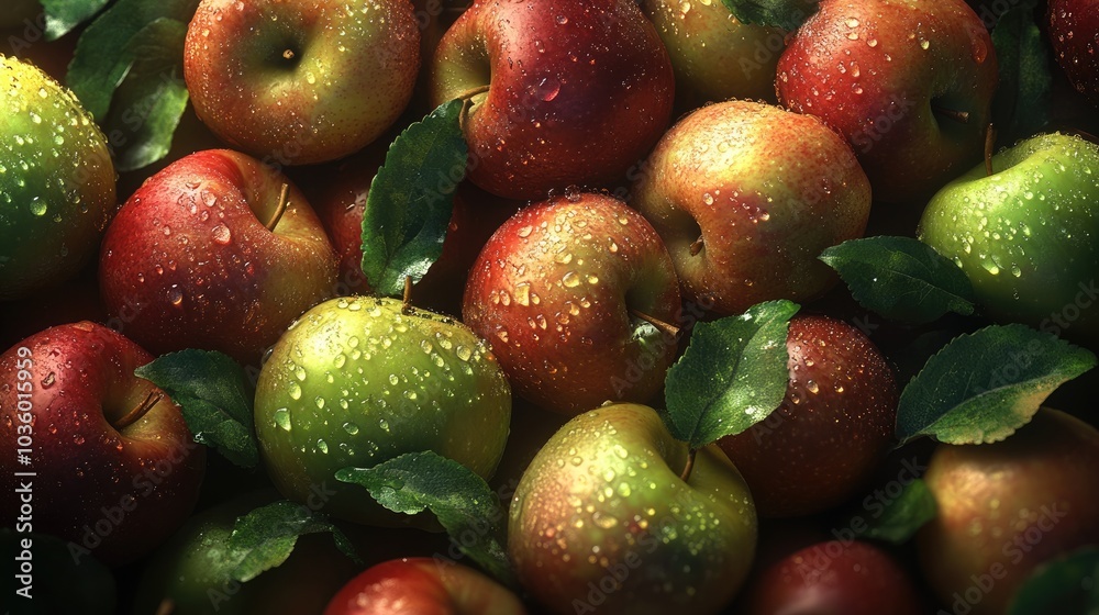 Fresh Apples with Dew Drops on Green Leaves Fresh Apples with Dew Drops on Green Leaves