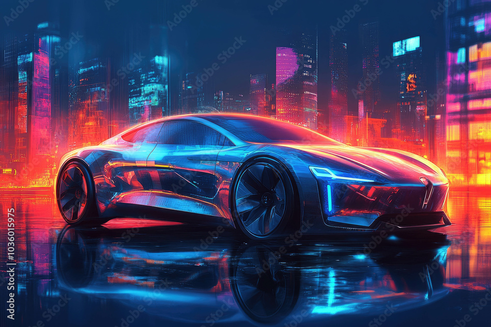 Electric car in neon light on the background of the night city.