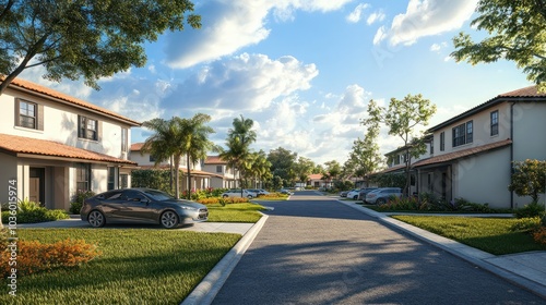 Cozy single-family homes line a quiet cul-de-sac in a picturesque suburb of Sarasota, Florida.