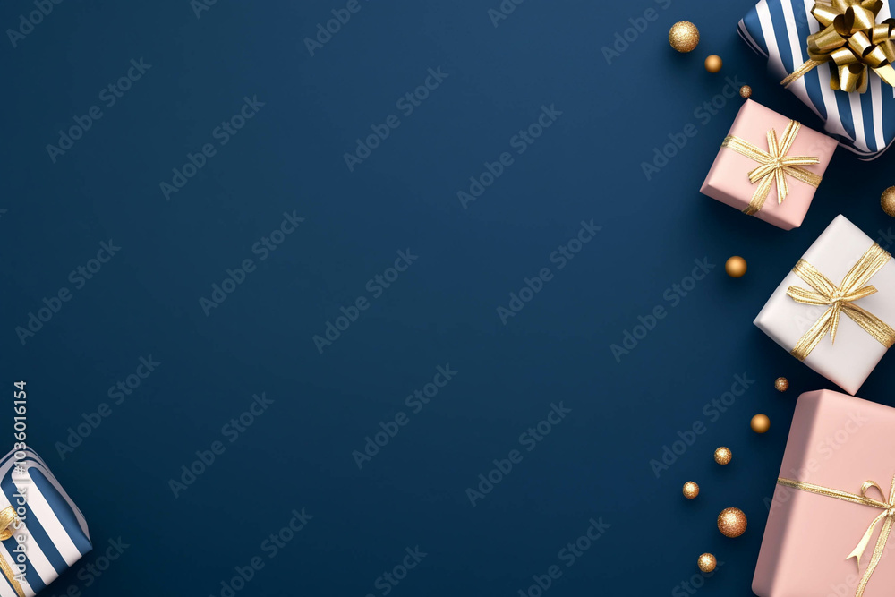 Festive Wrapped Gifts on Dark Blue Background Festive Wrapped Gifts on Dark Blue Background