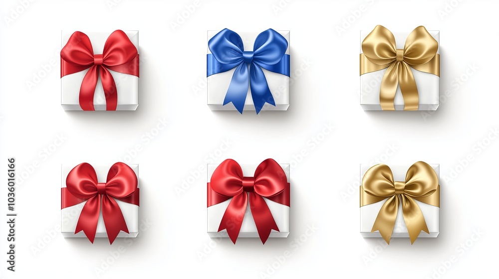 3D Realistic Vector Icon Illustration of White Gift Boxes with Red, Blue, and Gold Silky Ribbon Bows – Isolated on White Background for Elegant Presentations and Special Occasions 3D Realistic Vector Icon Illustration of White Gift Boxes with Red, Blue, and Gold Silky Ribbon Bows – Isolated on White Background for Elegant Presentations and Special Occasions
