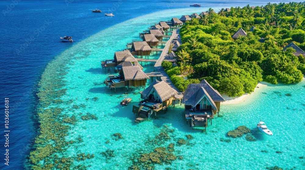 Fototapeta premium Maldives beach resort, showcasing a string of overwater bungalows extending into the sparkling lagoon