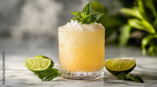 Mint Julep in a frosted glass, isolated on a marble surface with decorative lime wedges and mint sprigs