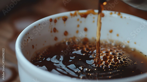 Close-up of coffee being poured into a white cup. photo