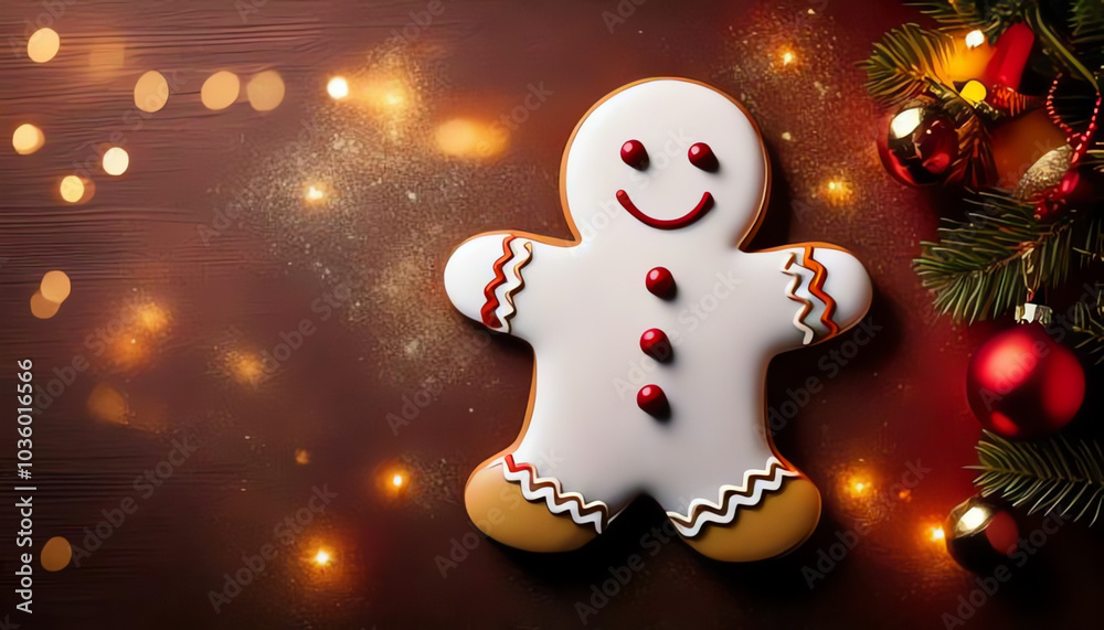 Obraz premium Gingerbread man with decoration and Christmas decoration, space for text, Christmas baking, Christmas card