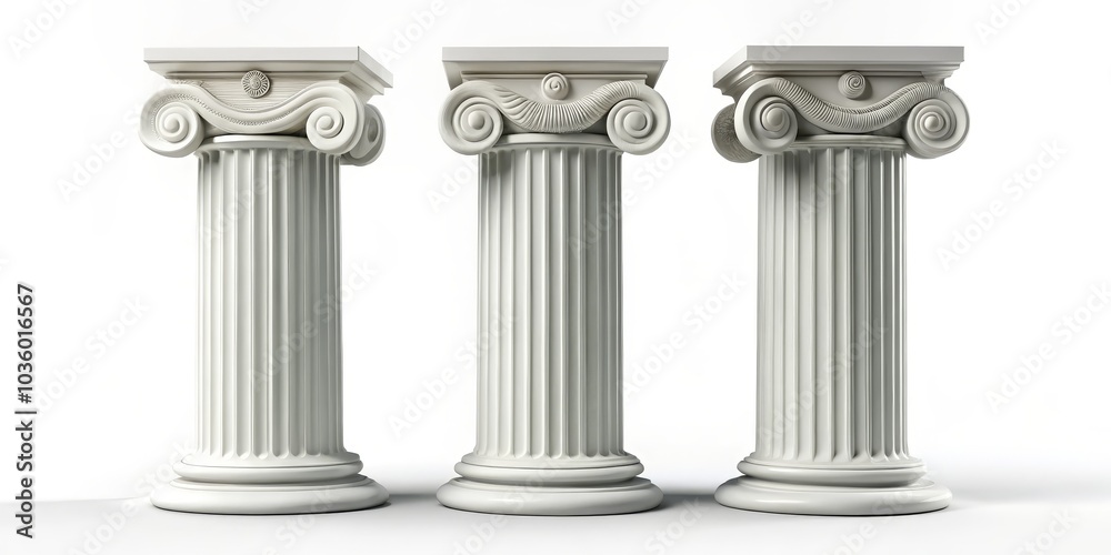Three Ionic Columns, 3D Model, White Background, Greek Architecture, Ionic Capital, Classical Design, Column Three Ionic Columns, 3D Model, White Background, Greek Architecture, Ionic Capital, Classical Design, Column