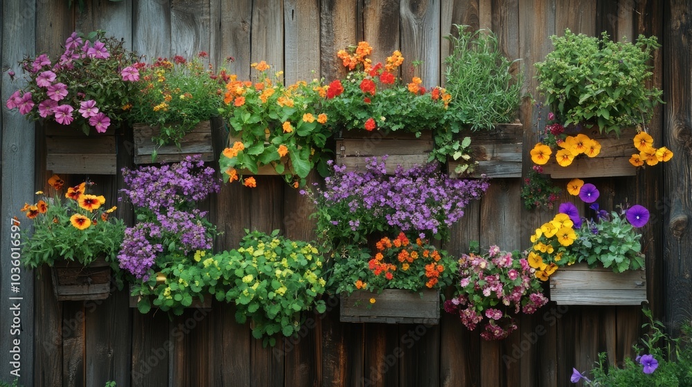 Vibrant Flower Baskets on Rustic Wooden Wall Vibrant Flower Baskets on Rustic Wooden Wall