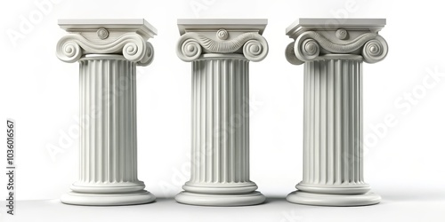 Three Ionic Columns, 3D Model, White Background, Greek Architecture, Ionic Capital, Classical Design, Column