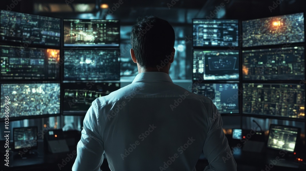 Focused male operator in white shirt monitoring multiple screens in a dark control room filled with high-tech equipment and security cameras Focused male operator in white shirt monitoring multiple screens in a dark control room filled with high-tech equipment and security cameras