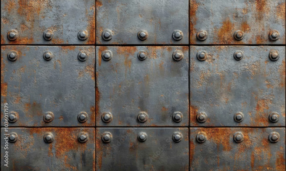 Fototapeta premium Seamless grungy scratched old steel wall panels background texture. Tileable industrial rusted metal bulkhead floor plates pattern.