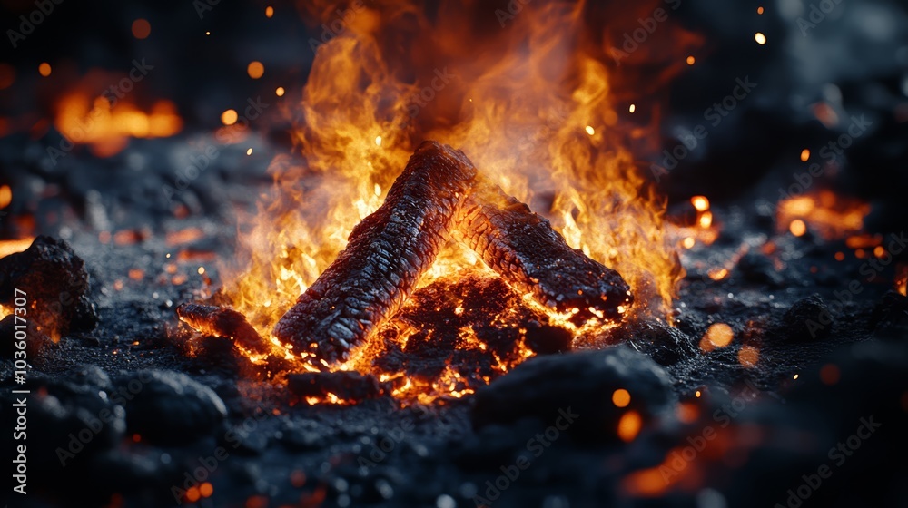 Glowing campfire at night, with vibrant flames and glowing embers creating a warm atmosphere. Glowing campfire at night, with vibrant flames and glowing embers creating a warm atmosphere.