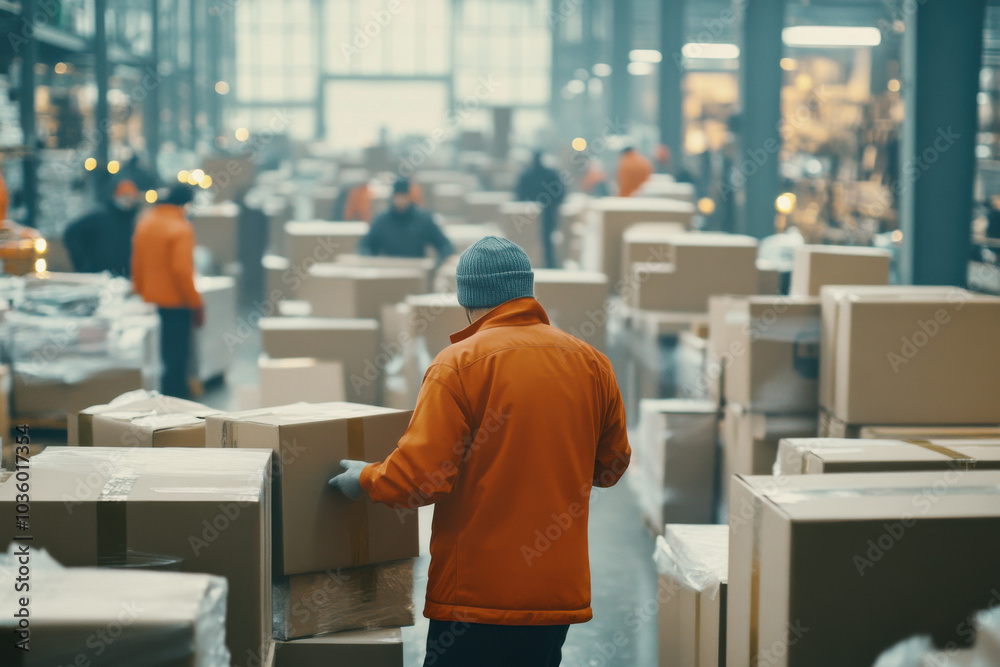 christmas Busy rush workflow of hardware store employees. Group of workers working in large warehouse, shipping goods, prepare cardboard boxes for freight. christmas Busy rush workflow of hardware store employees. Group of workers working in large warehouse, shipping goods, prepare cardboard boxes for freight.