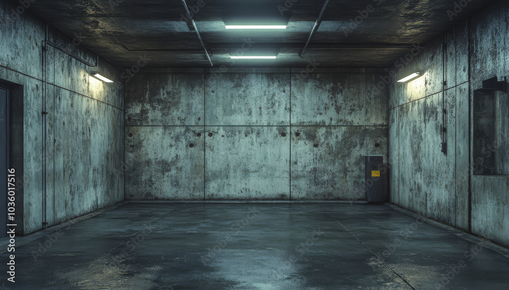 dimly lit, empty concrete room with gritty, industrial feel. walls and floor are worn, creating cinematic and realistic atmosphere dimly lit, empty concrete room with gritty, industrial feel. walls and floor are worn, creating cinematic and realistic atmosphere