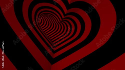 This motion graphics looped video shows the POV of going through a red and black heart-shaped tunnel