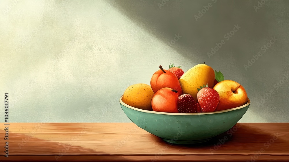 Fresh Fruit Bowl on Wooden Table with Soft Lighting Fresh Fruit Bowl on Wooden Table with Soft Lighting