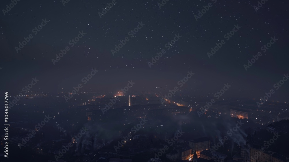 Naklejka premium A muted and grainy cityscape under a starry sky with the faint outline of buildings and streets disappearing into the darkness. Lights le in the distance creating a tranquil and melancholic