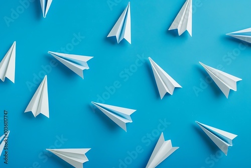 Colorful paper airplanes on blue background. Minimal creative concept.