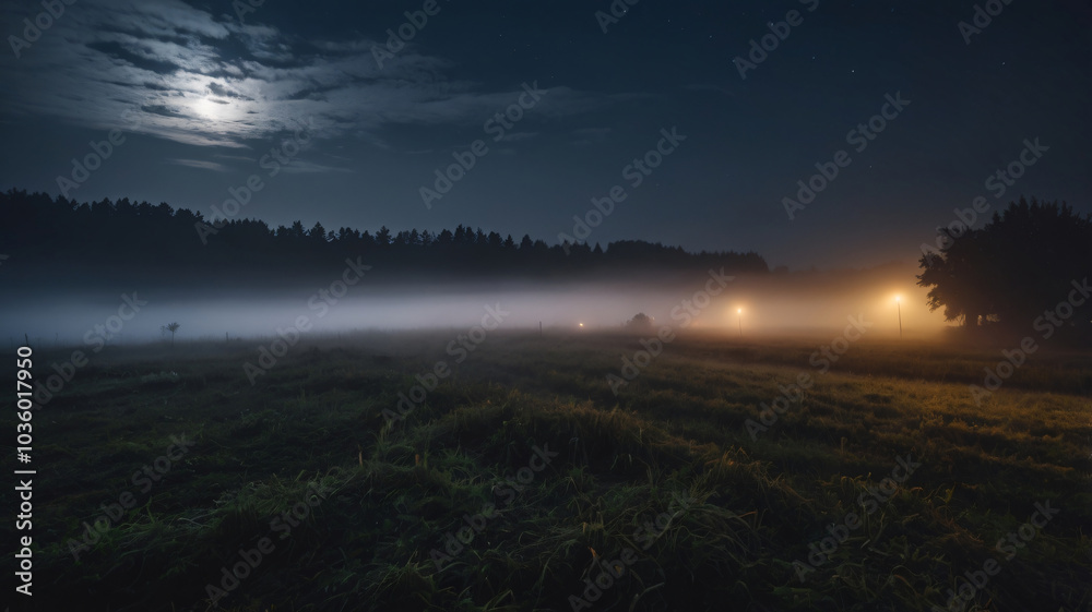 Dark autumn fields with rural road in fog at dusk. Fall trees with orange foliage. Landscape Dark autumn fields with rural road in fog at dusk. Fall trees with orange foliage. Landscape