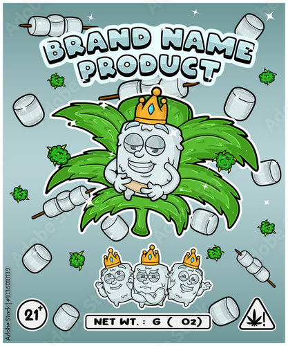 Cartoon marshmallow flavor with cannabis leaf, designed for logo, label or packaging