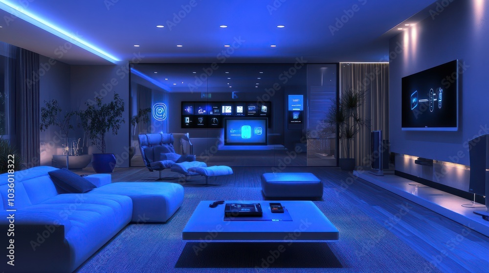 High-tech smart home living room with integrated smart devices, sleek furniture, and ambient lighting, showcasing futuristic and user-friendly design High-tech smart home living room with integrated smart devices, sleek furniture, and ambient lighting, showcasing futuristic and user-friendly design