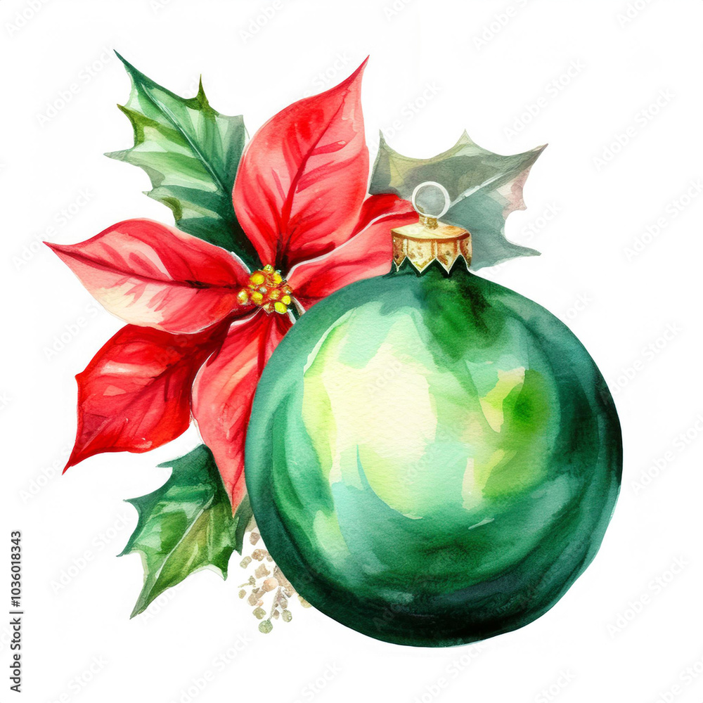 Watercolor painting of a green Christmas ball with christmas decoration poinsettia, holly and red berries isolated on white background Watercolor painting of a green Christmas ball with christmas decoration poinsettia, holly and red berries isolated on white background