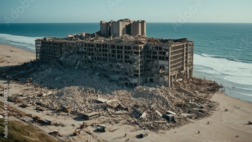 Severely damaged beachfront building, illustrating coastal destruction and structural collaps photo