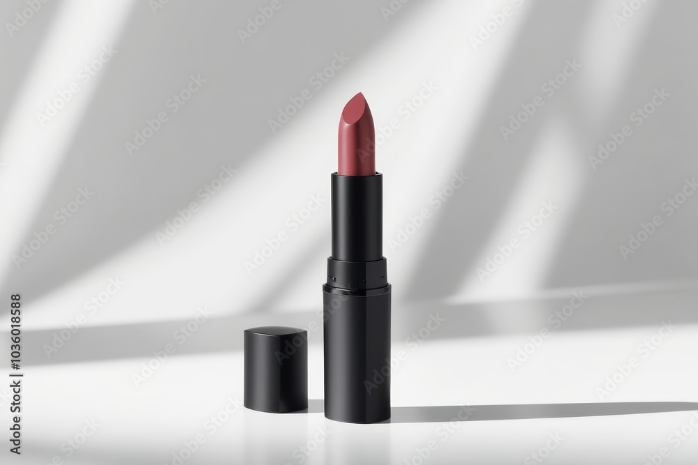 Bold matte lipstick mockup with a luxurious design, cap partially removed, standing on a glossy surface with a blurred background Bold matte lipstick mockup with a luxurious design, cap partially removed, standing on a glossy surface with a blurred background