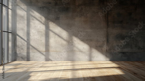 Sunlight streams through large windows, casting shadows on wooden floor of empty room with concrete walls. minimalist space exudes serene and peaceful atmosphere