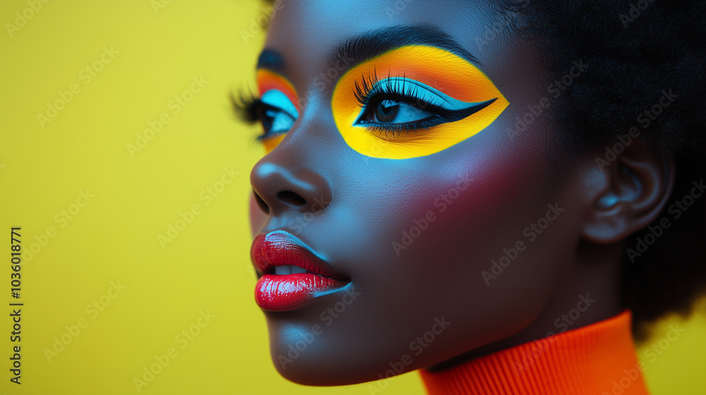 Black woman with animalistic Halloween makeup. Banner with copy space Black woman with animalistic Halloween makeup. Banner with copy space