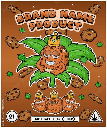 Cartoon cookies flavor with cannabis leaf, designed for logo, label or packaging.
