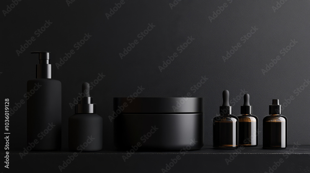 Sleek black cosmetic containers on dark background create minimalist and elegant aesthetic. arrangement includes bottles and jars, perfect for skincare or beauty products Sleek black cosmetic containers on dark background create minimalist and elegant aesthetic. arrangement includes bottles and jars, perfect for skincare or beauty products