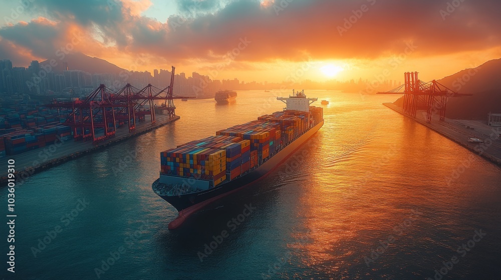 Naklejka premium The cargo ship moves through a bustling port at sunset, with colorful containers stacked high. Cranes outline the skyline against a vibrant sky reflecting on the water's surface.