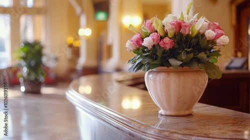 A beautifully arranged flower bouquet enhances the elegance of the hotel reception area