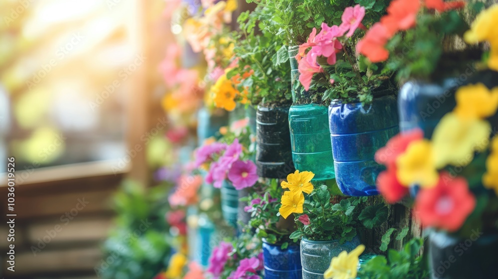 Fototapeta premium Colorful Vertical Garden Inspiration with Petunias
