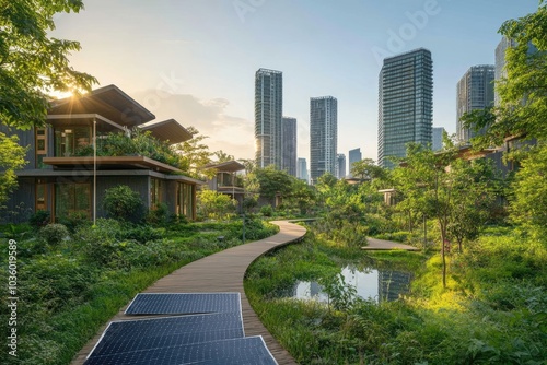 Eco-Friendly Urban Oasis with Solar Panels and Green Architecture in a Modern Cityscape