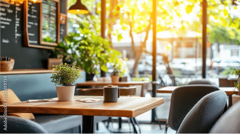 Cozy Cafe Interior with Natural Light and Greenery Cozy Cafe Interior with Natural Light and Greenery
