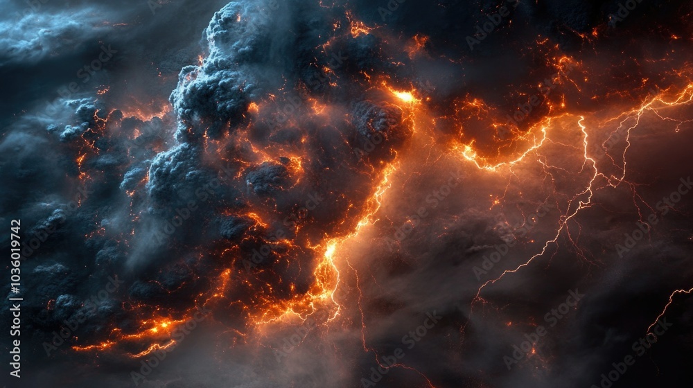 Dramatic volcanic eruption with lightning and dark clouds illuminated by fiery lava at night concept of hurricane Dramatic volcanic eruption with lightning and dark clouds illuminated by fiery lava at night concept of hurricane